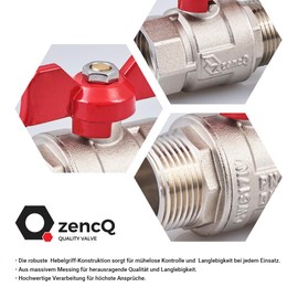 zencQ Ball Valve with Screw Connection 1 Inch MF, Brass Ball Valve with Wing Handle, Ball Valve Made of Brass Connection with Internal Thread and External Thread Wing Handle for Industrial, Water