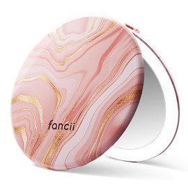 Fancii Taylor Espejo de Maquillaje LED Iluminado para Viaje, Recargable, Aumento 10x/1x, Sistema de Iluminación Tru-Glow, XL Grande de 5” de Ancho | Espejo Compacto para Bolsos (Mármol Rosa)