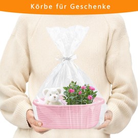 Empty Gift Basket, Braided Basket for Gifts with Gift Bags and Ribbons, Empty Gift Basket for Baby Shower, Birthday, Wedding, Easter, Thanksgiving, Christmas (Pink)