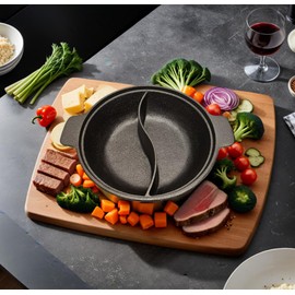 Cast Iron Hot Pot with Divider, 12.5 Inch Dual-Sided Shabu Shabu Pot, Multi-Functional Hotpot for Induction/Gas Stove, Black