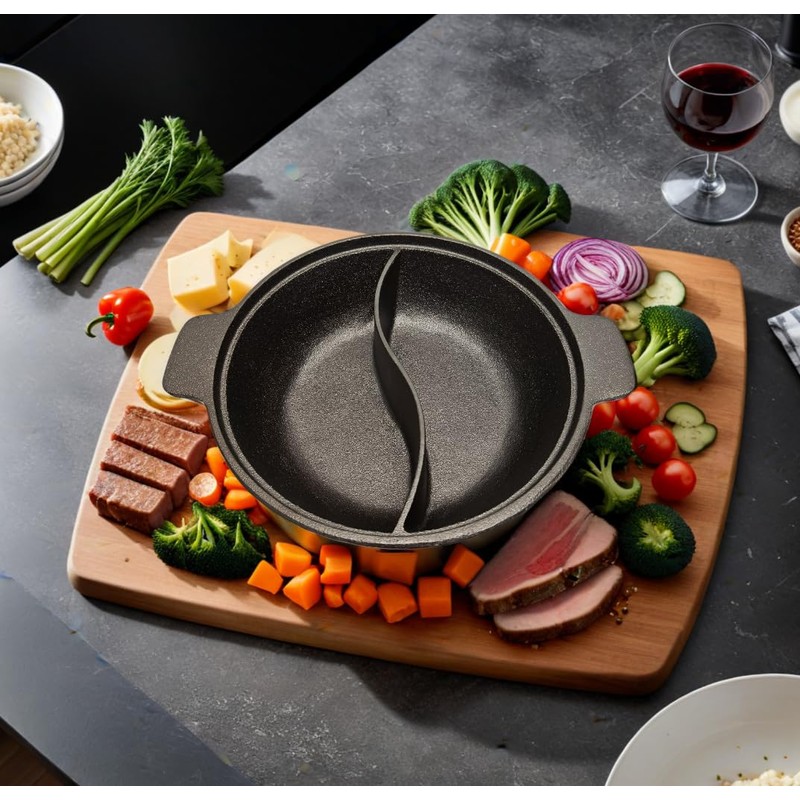 Cast Iron Hot Pot with Divider, 12.5 Inch Dual-Sided Shabu