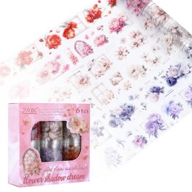 Washi Tape Set, 6 Rolls of Flower Stickers, Scrapbook Stickers, Washi Stickers, Scrapbook Accessories, Vintage PET Waterproof Stickers for Scrapbooking, Journaling, Crafts, Gifts for Flowers Loves