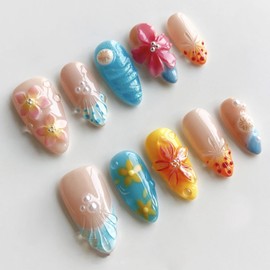 CUZIAM 24PCS Ocean Flower Press on Nails Medium Almond - Soft Gel 3D Tropical Floral Fake Nails Pearl Rhinestones Charms Cute Acrylic Nails, Blue Yellow Beach Vacation Nail for Women Daily Wear