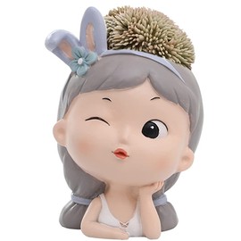 WAYUTO Cute Resin Succulent Planter Pots with Drain Hole Rubber Stopper Girls Mini Head Flower Pot Succulent Plants Cactus Ornaments for Desk Garden Living Room Decor Purple