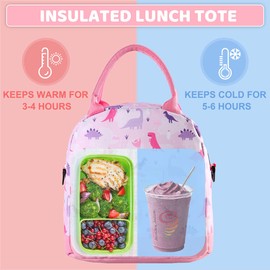 Bolsa de Almuerzo para Niños, VASCHY Lonchera Niña Niño Infantil Lonchera Termica Bolsa de Almuerzo Aislada para la Escuela y el Picnic,Dinosaurio rosa