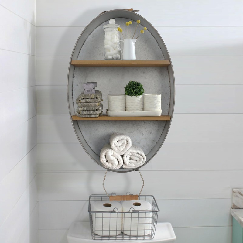 Oakrain Towel Rack with Wood Shelves, Galvanized Wash Tub Rustic