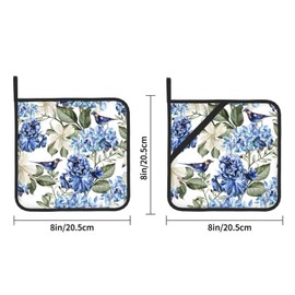 Pot Holders for Kitchen Set of 2,Blue Hydrangea Flowers Bird Pot Holder for Kitchen,Square Oven Mitts Heat Resistant, PotHolders for Kitchen Cooking Baking BBQ