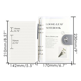 Clear A5 Refillable Notebook Binder with 90 Sheets Lined Paper Silver 6-Ring Soft Transparent PVC Binder Cover Protector Shell Loose Leaf Journal Folders with PU Leather Lock Catch Closure