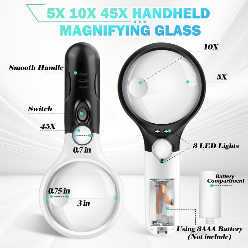 Compact Magnifying Glass with Lights,45X 10X 5X Small Handheld Lighted
