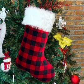 Mauts 23 "Black and White Christmas Stocking, Classic Square Pattern, Used for Gift Box Mantel Decorative Party Christmas (Black and Red)