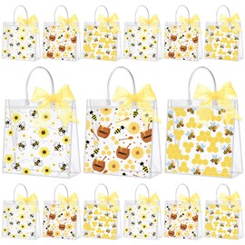 SilTriangle 30 Pcs Bee Clear Gift Bag with Handle Ribbon PVC Honey Bee Bow Party Favor Reusable Goodie Treat Snack Bag for Birthday Gender Reveal Baby Shower Party Supplies, 7.87 x 7.87 x 3.15 Inch