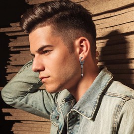 Flongo Men's Earrings 1 Piece Stainless Steel Earrings with Pendant Sword Tail/Feather/Drop/Ghost Head 316L Stainless Steel Men's Earrings Silver Hoop Punk, Stainless Steel