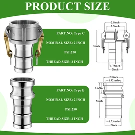 Innconee 4 Sets Camlock Fittings Type C&E 2 Inch Aluminum Cam and Groove Hose Fitting Kit include 2" Female Coupling Cam lock, 2" Male Adapter Camlock, Gasket, Hose Clamps for Industrial
