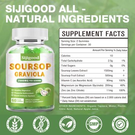 Sugar Free Soursop Graviola Gummies - Organic Soursop Leaves & Fruit Extract 2000mg - Digestive Aid, Immune Support & Antioxidant Properties - 60 Apple Flavored Gummies