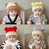 Adorable Autumn/Winter Thick Knit Baby Hat with Pom-poms Size/Cute Double Pom-pom Sticker - Red 3ea