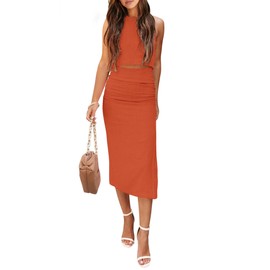 PRETTYGARDEN Women's 2 Piece Summer Outfits Crewneck Tank Tops Split Bodycon Midi Skirt Set (Orange,Small)