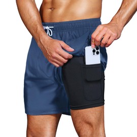 HMIYA Men's 2-in-1 Swimming Trunks, Quick-Drying Short Board Shorts with Compression and Zip Pockets, denim blue