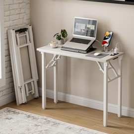 Frylr Small Folding Computer Desk – 35.8 Inch Portable Table for Craft and Study, Lightweight Desk for Small Spaces, Foldable Laptop Table Built-in AC/USB Outlets for Convenience, White Ash
