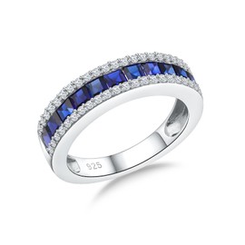 RANDES Eternity Band Rings for Women 925 Sterling Silver Created Blue Sapphire Channel Set Princess Cut Engagement Ring Size 6