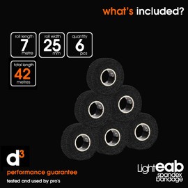 d3 Light Rip EAB Spandex Bandage Hand-Tearable Black 25mm x 7m (6 Rolls) Thumb, Toe, Finger Joint Strapping & Weightlifting Grip Tape