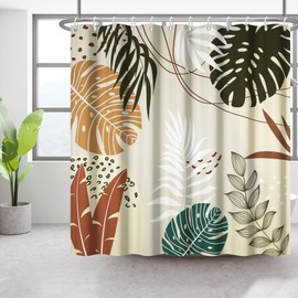 Bovlleetd Boho Botanical Bathroom Curtain, Waterproof, Abstract Plant Shower Curtain, Watercolour, Mid-Century Tropical Plant Shower Curtains, Washable Bathtub, Decorative Curtain, 180 x 180 cm
