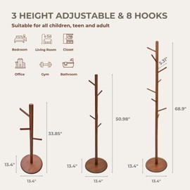 AV CONNECT Solid Wood Coat Rack and Stand, Free Standing Clothes Hanger with 8 Hooks and 3 Adjustable Height, Perchero, Hat Stand, Coat Hanger, Wooden Racks for Entryway or Hallway (Brown)