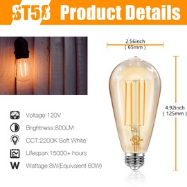 DAYBETTER 8 Pack Vintage LED Edison Bulbs, E26 Led Bulb 60W Equivalent, Dimmable Led Light Bulbs, High Brightness 800 LM Amber Warm 2200K, ST58 Antique Filament Bulbs, Clear Glass Style for Home