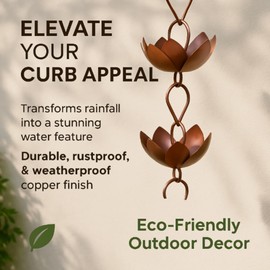 Gold & Garden Artisan Variety Lotus Rain Chain 5ft - Decorative Copper Finish Gutter Downspout Replacement - 12 Cup Design for Outdoor Water Feature - Iron Construction