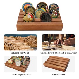 ASmileIndeep Military Challenge Coins Display Holder Solid Wood,Challenge Coin Stand , 4 Row Military Coin Holder Rack for Desk,Challenge Coin Display Case (Small Rectangular Walnut Finish)