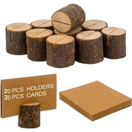 Wood Place Card Holders, 20Pcs Rustic Wooden Table Number Holders and 30Pcs Kraft Table Place Cards, Wood Photo Picture Holder, Ideal for Wedding Party Table Name and More
