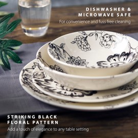 Wade WA967023BLK Botanical Night Pasta Bowl with Black Floral Design, Crafted from Earthenware, Made in Stoke-on-Trent, 22.5cm, Black