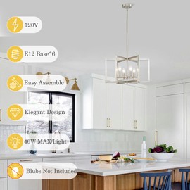 Cabvope Brushed Nickel Chandelier 6-Light Modern Geometric Metal Lighting Fixture for Dining Room Kitchen Island Living Room Entryway Hallway Bedroom, 20 Inch Adjustable Pendant Ceiling Hanging Lamp