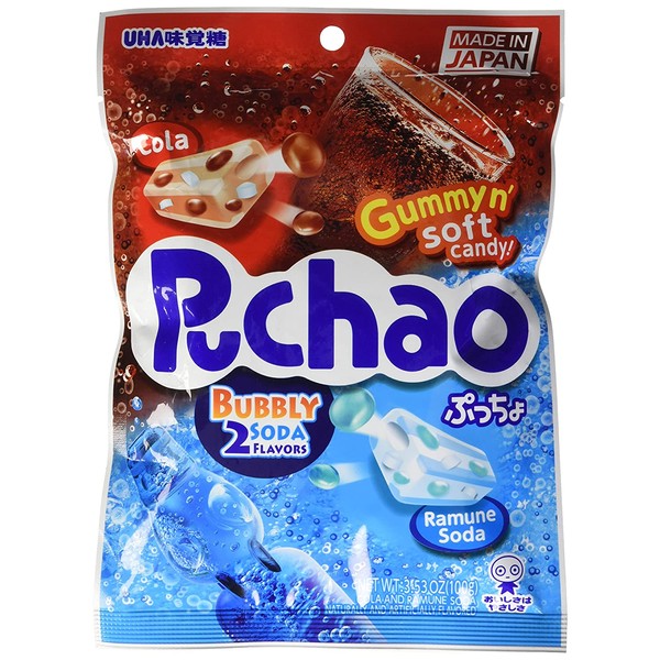 UHA Mikakuto Puchao Soft Candy with Gummy Bits, Cola and Ramune Soda Flavors, 3.53 oz