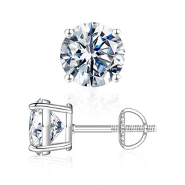 MOOSEA Moissanite Stud Earrings, 1ct D Color VVS1 Clarity Lab Created Moissanite, 14K White Gold Vermeil, 4 Prong, Screw Backs