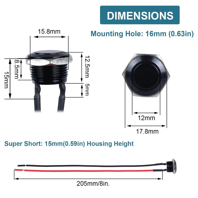 DMWD 2pcs 12mm Super Short Metal Momentary Push Button Switch
