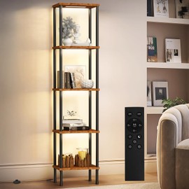 Caupel 5-Tier Display Corner Shelf with Dimmable Lights, 69.21 Inch Tall Bookshelf Storage Rack, Floor Lamp Display Shelves for Small Spaces, Rustic Open Bookcase Square Shelf Tower for Living Room