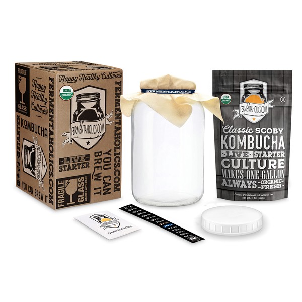Kombucha Essentials Kit - Includes USDA Organic Kombucha SCOBY + 1-Gallon Glass Fermenting Jar with Breathable Cover + pH Strips + Rubber Band + Adhesive Thermometer - Brew kombucha at Home