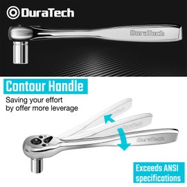 DURATECH 3/8-Inch Drive Ratchet, 90-Tooth Ratchet Wrench, Quick-release, Reversible Switch, Contour Handle Designed for Better Grip, Alloy Steel