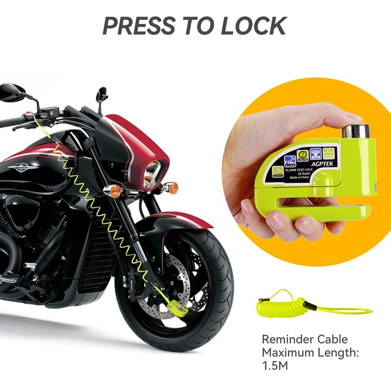 AGPTEK 110db Motorcycle Brake Lock with 5FT Reminder Cable, Anti-Theft