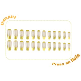 IMRAIN Press on Nails Long Coffin Fake Nails Golden French Tips False Nails Full Cover Glossy Glue on Nails for Women Ballerina Artificial Acrylic Nail Decoration 24Pcs Stick on Nails