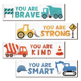 4 Pack Construction Vehicles Bedroom Wall Decor Boys Inspirational Wooden Hanging Wall Sign Motivational Quote Wall Decor for Kids Room, Home, School, Nursery, Kindergarten