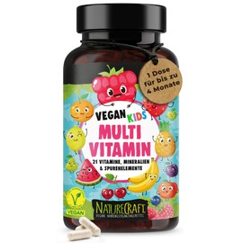 Vegan Kids Multivitamin - Vitamin A+B1+B2+B3+B5+B6+B7+B9+B12+C+D3+K2+E + Cholin + Eisen + Zink + Jod + Kalium + Selen + Natrium + Magnesium - Komplex für Kinder mit 120 Kapseln (max. 4 Monats-Vorrat)