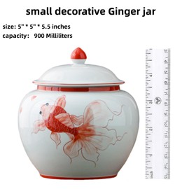 MYMYYT koi fish Ginger jar Lid- 5 inches red decorative Ceramic Ginger jar vase with Lid， chinoiserie gift small jars for Home decor/jewelry/Tea/coffee beans/Storage