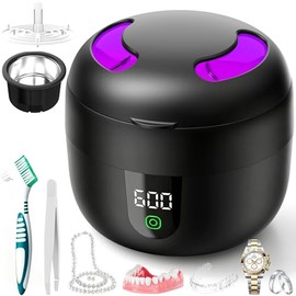 Ultrasonic Retainer Cleaner, 45khz Ultrasonic Cleaner with 4 UV-C Light and Removable Tank, Low Noise Retainer Cleaner Can 360° All-Round Deep Clean for Dentures, Dental Braces, Aligners, Jewelry