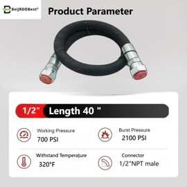 1/2" x 40" Universal Compressor Jumper Hose - High-Temperature 320°F, 1/2" NPT Male Connector, Both Sides Fittings Rotate Freely, 700 PSI
