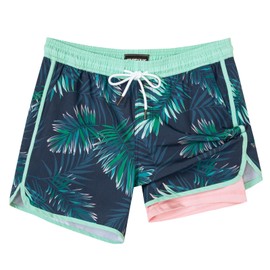 SURF CUZ Mens Swim Trunks with Compression Liner 5" Swimming Trunks 5 Inch Retro Swim Shorts with Zipper Pockets,Pink Green Fern,L