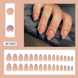 Blue French Tips Press on Nails Short Almond Fake Nails Nude Acrylic Nails Press ons,Sky Blue Glue on Nails Glossy Reusable False Nails for Women Girls Daily Wear Manicure 24pcs