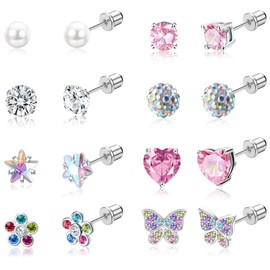 FIBO STEEL 8 Pairs Hypoallergenic Screw back Earrings for Women 316L Stainless Steel CZ Heart Pearl Flower Butterfly Screw Back Stud Earrings Pack Silver Tone