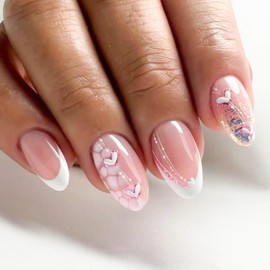 Almond Short Nail Press ons White French Tip Press on Nails Women Fake Nails with Heart Lines Glitter Design Nude Glue on Nails Full Cover Glossy Artificial Stick on Nails for Women 24Pcs