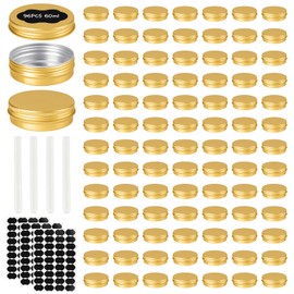 OBKJJ 96 Pack Round Cans with Screw Lid 2 Oz Aluminum Metal Tins DIY Food Candle Containers for Lotion Bars, Balms, Salve, Spices, Beard Balm, Crafts with 4 Markers 3 Sheets Label Stickers (Gold)
